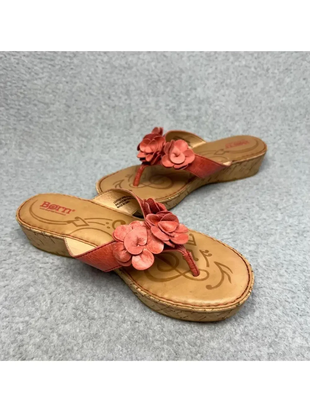 Born Kornelia Coral Leather Flower Womens Sandal Size 7 Flip Flop Thongs Comfort